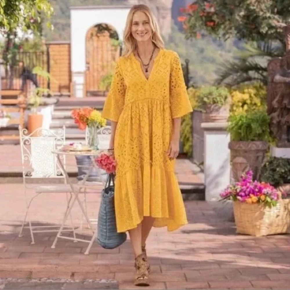 Sundance Selma Eyelet Yellow Bell Sleeve Cotton V Neck Dress XS